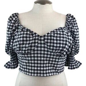 H&M Black & White Gingham Cropped Top Size Large, Puff Sleeves, Milkmaid Top